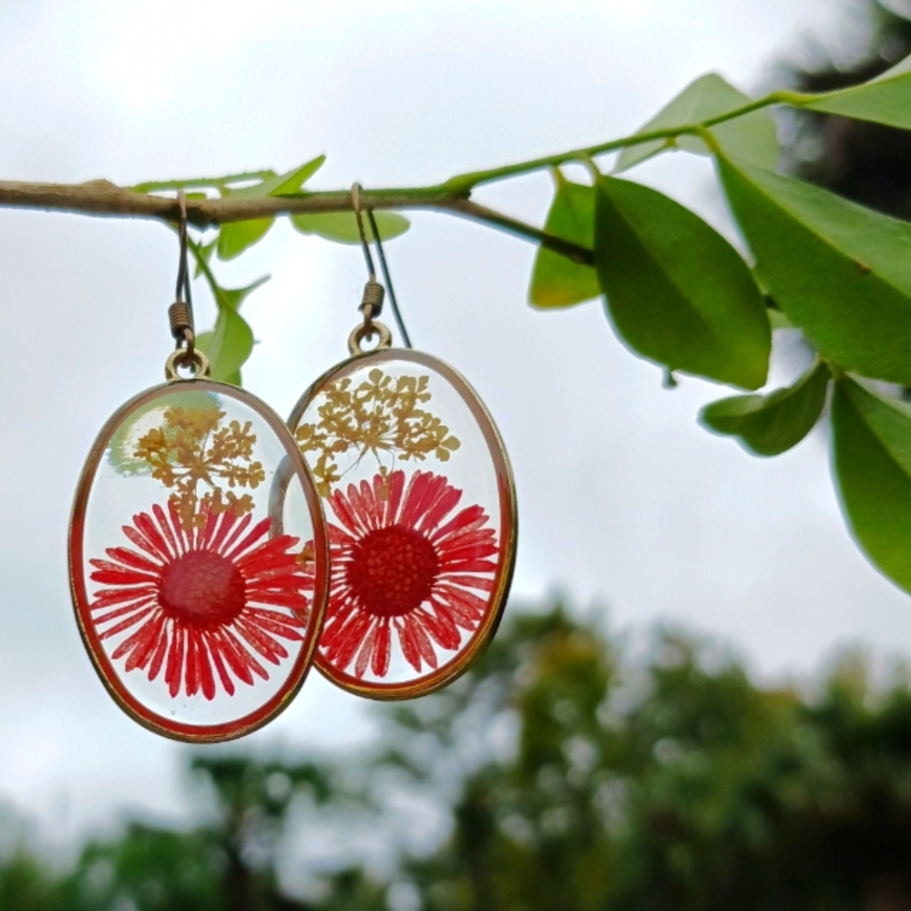 Pressed Dried Flower Drop Earrings in Clear Resin Red and Yellow Flowers